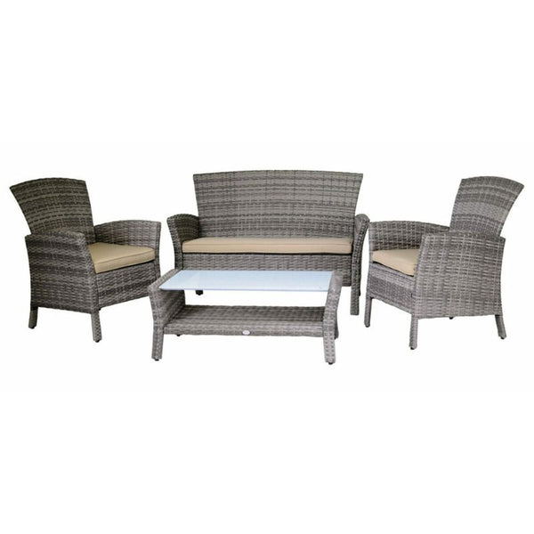 Salotto imbottito divano 2 posti + 2 poltrone e tavolino rettangolare, grigio e ecrù