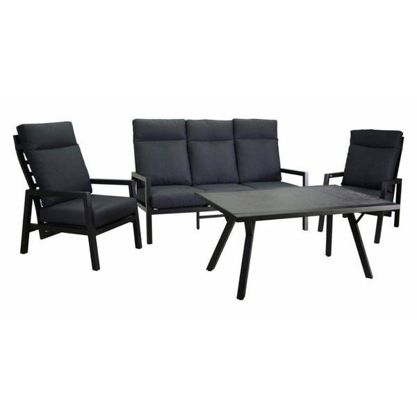 Salotto imbottito divano 3 posti + 2 poltrone reclinabili e tavolino, antracite