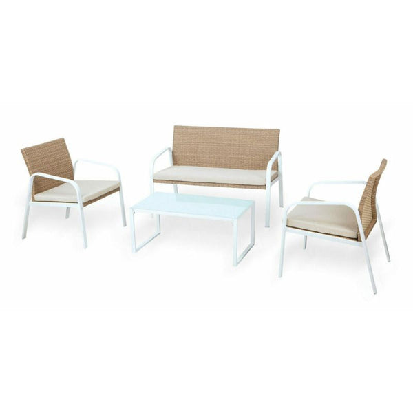 Salotto imbottito divano 2 posti + 2 poltrone e tavolino rettangolare, bianco, miele e beige