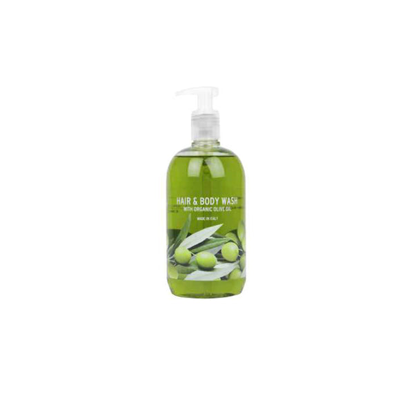 Flacon-pompe de shampooing et gel douche mains et corps et cheveux, Huile d'olive biologique 500 ml