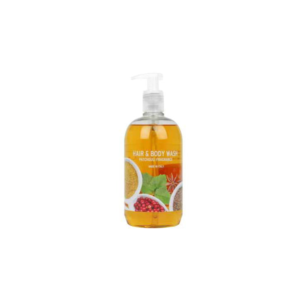Flacon-pompe de shampooing et gel douche mains et corps et cheveux, Patchouli Amber 500 ml