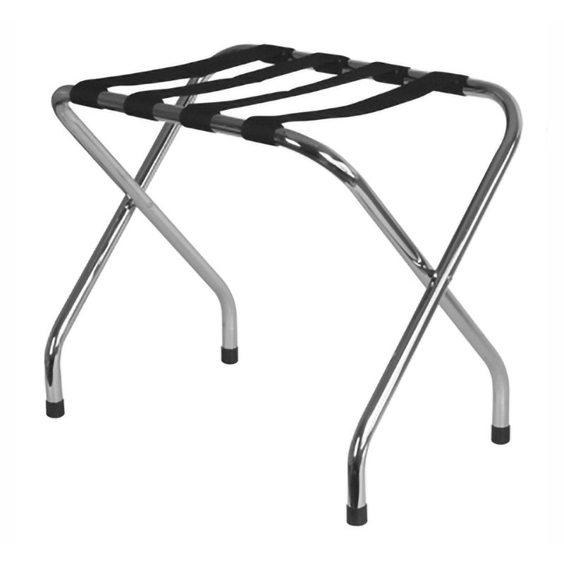 Foldable luggage rack in chrome-plated metal with black PVC straps