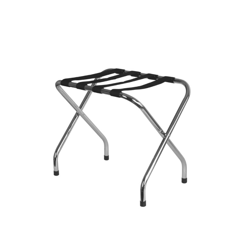 Foldable luggage rack in chrome-plated metal with black PVC straps