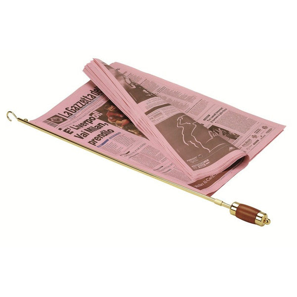 Zeitungshalter aus goldfarbenem Messing mit gedrechseltem Holzgriff
