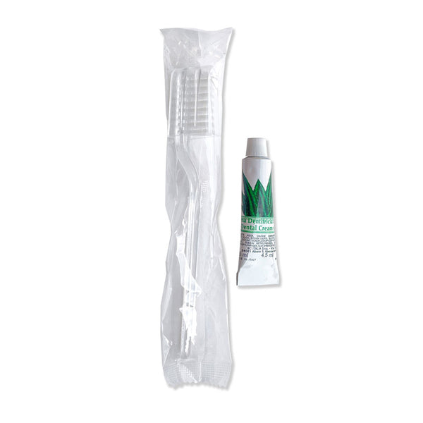 Brushed flow pack oral hygiene set