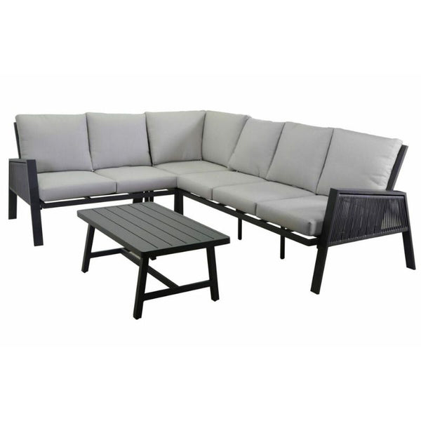 Salotto imbottito divano angolare 3+2 posti e tavolino rettangolare, antracite e grigio