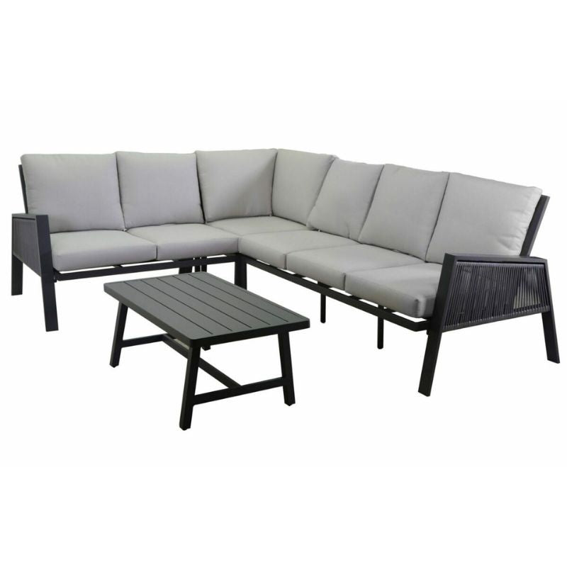 Salotto imbottito divano angolare 3+2 posti e tavolino rettangolare, antracite e grigio