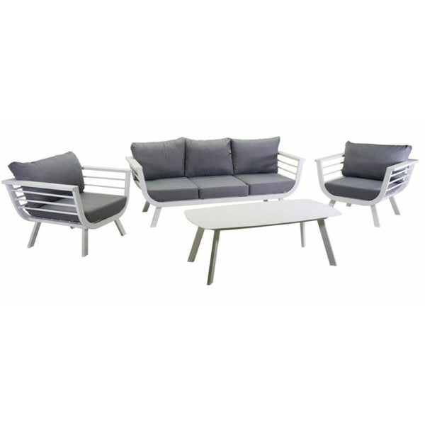 Salotto imbottito divano 3 posti + 2 poltrone e tavolino rettangolare, bianco e grigio