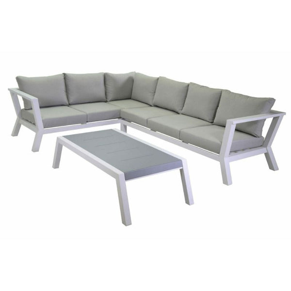 Salotto imbottito divano angolare 3+2 posti e tavolino rettangolare, bianco e grigio