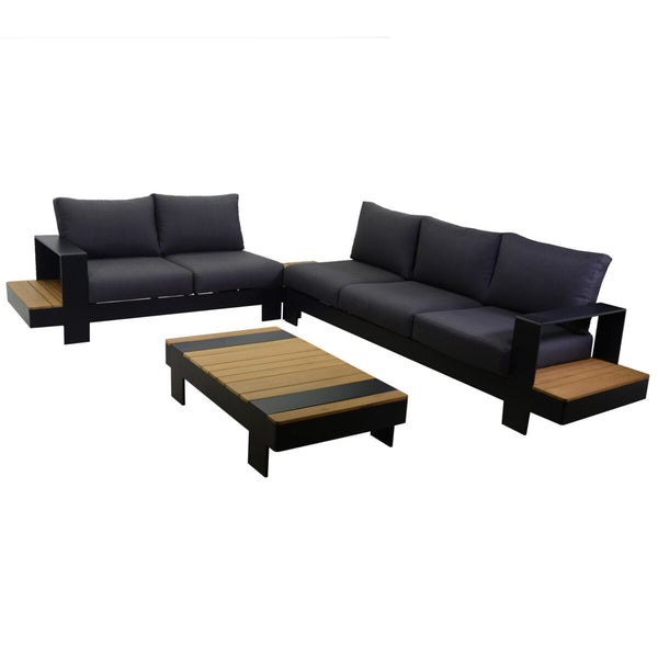 Salotto imbottito divano angolare 3+2 posti e tavolino rettangolare, antracite