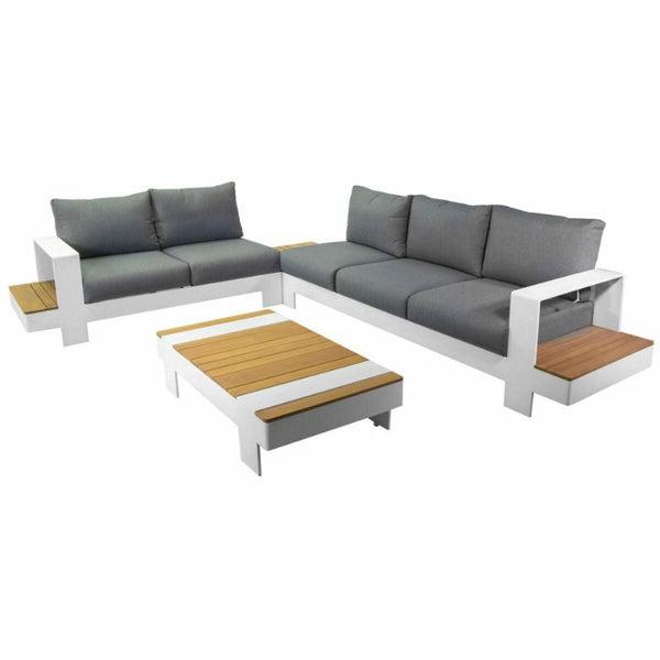 Salotto imbottito divano angolare 3+2 posti e tavolino rettangolare, bianco e beige