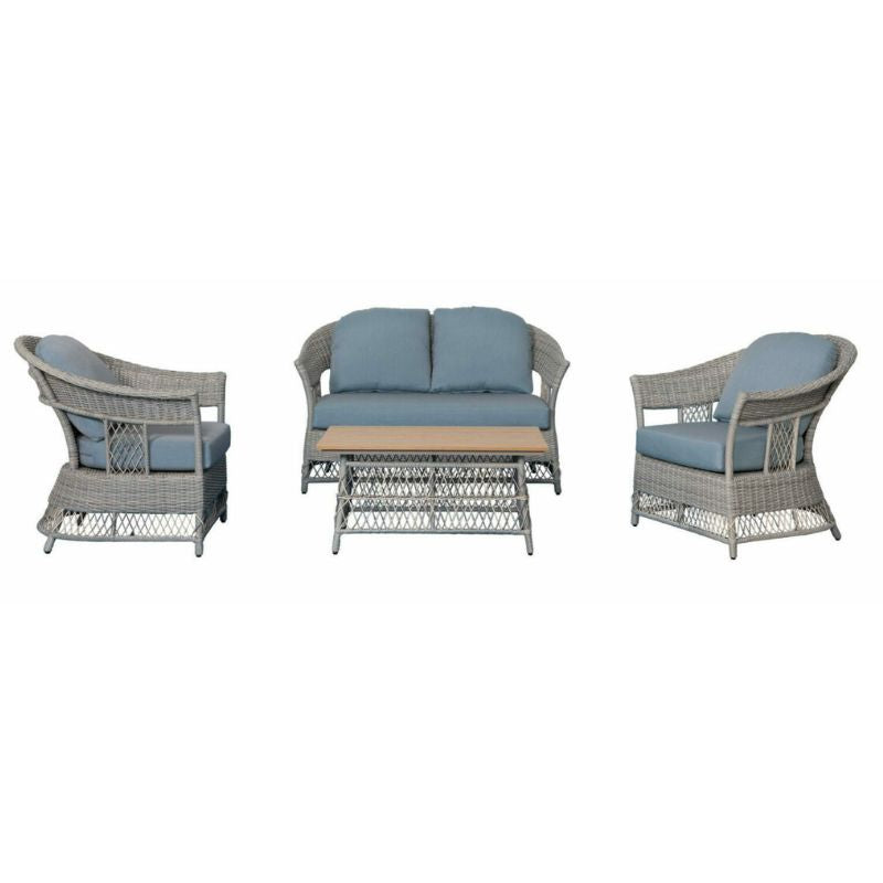 Salotto imbottito divano 2 posti + 2 poltrone e tavolino rettangolare, grigio e azzurro