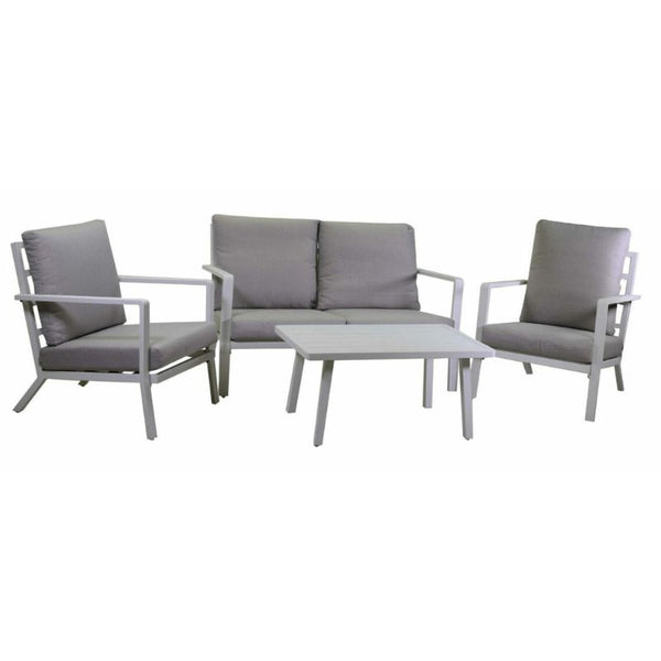 Salotto imbottito divano 2 posti + 2 poltrone e tavolino rettangolare, bianco e grigio