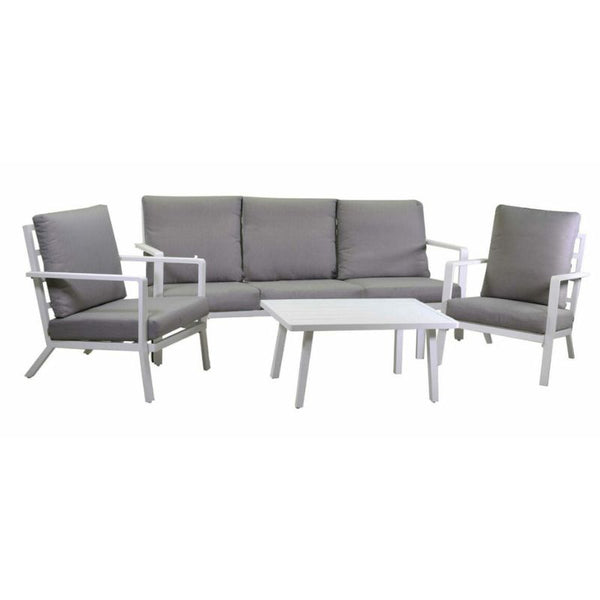 Salotto imbottito divano 3 posti + 2 poltrone e tavolino rettangolare, bianco e grigio