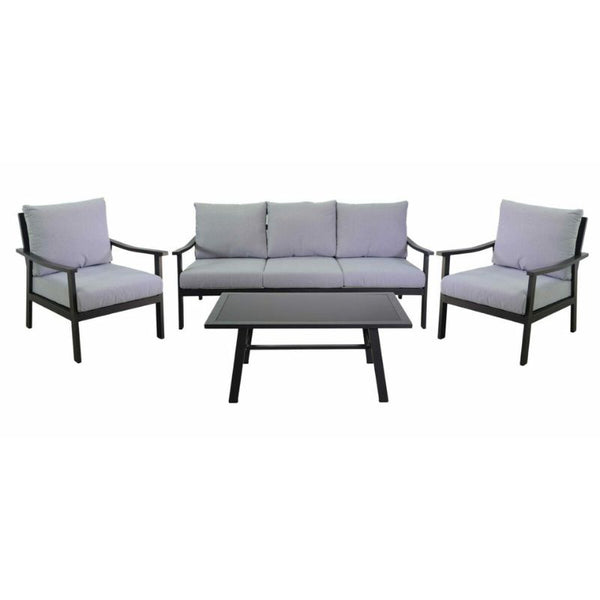 Salotto imbottito divano 3 posti + 2 poltrone e tavolino rettangolare, antracite e grigio