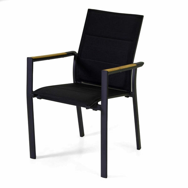 Poltrona impilabile con braccioli con inserti teak e seduta in tessuto imbottito, antracite