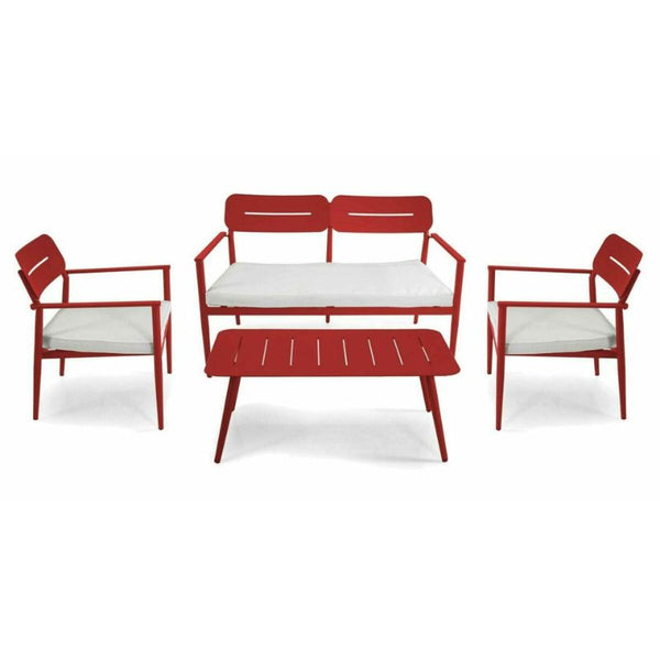 Salotto imbottito divano 2 posti + 2 poltrone e tavolino rettangolare, rosso