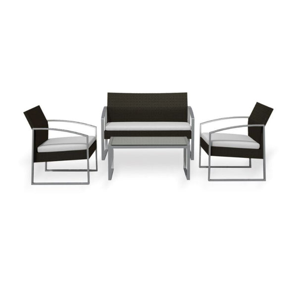 Salotto imbottito divano 2 posti + 2 poltrone e tavolino rettangolare, grigio, nero e bianco