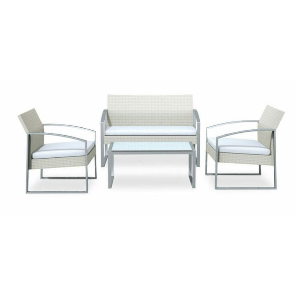 Salotto imbottito divano 2 posti + 2 poltrone e tavolino rettangolare, grigio, bianco e grigio chiaro