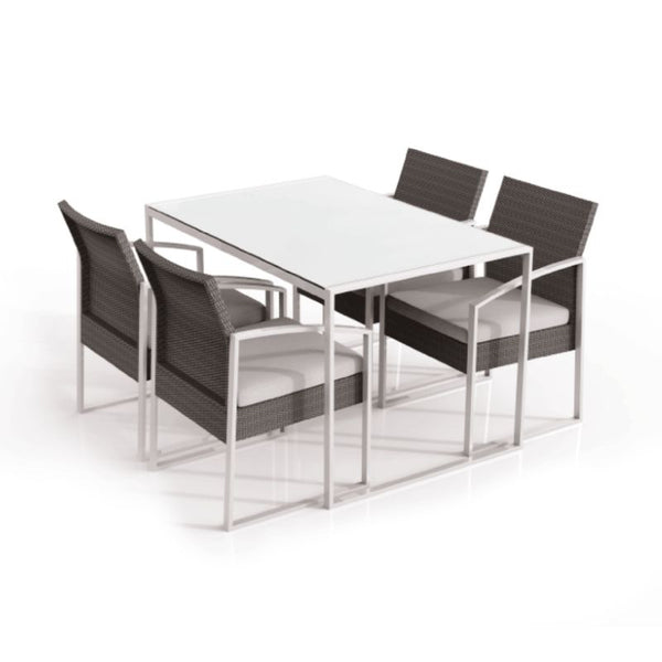 Tavolo in acciaio con top in vetro 120x80 cm + 4 poltrone, nero e grigio