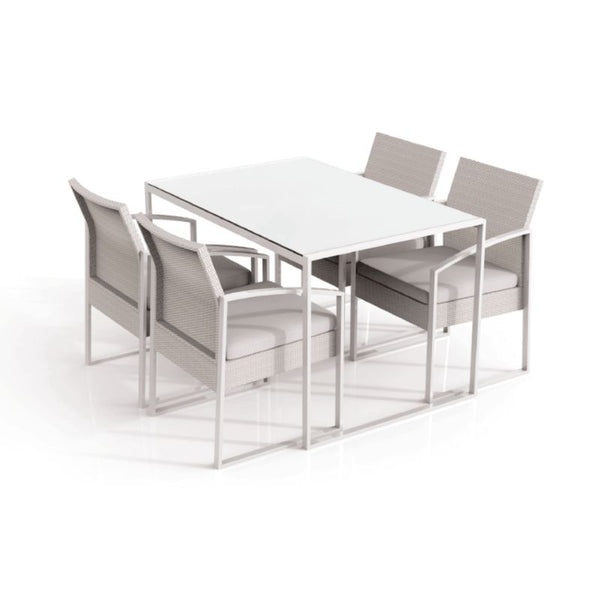 Tavolo in acciaio con top di vetro 120x80 cm + 4 poltrone, bianco e grigio