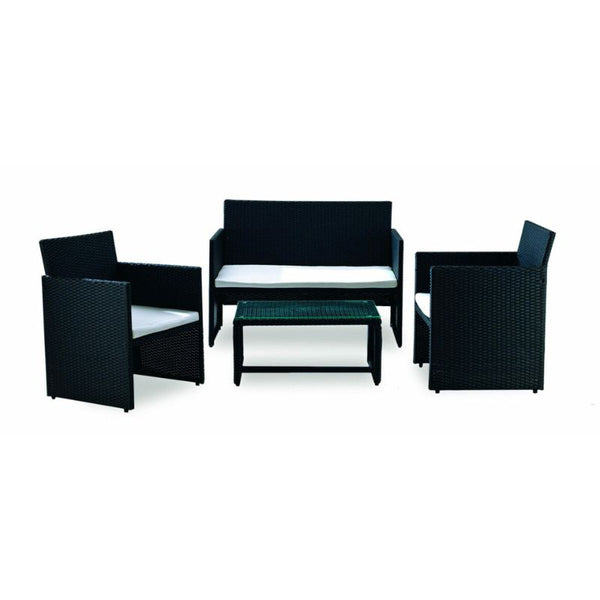 Salotto imbottito divano 2 posti + 2 poltrone e tavolino rettangolare, nero e bianco