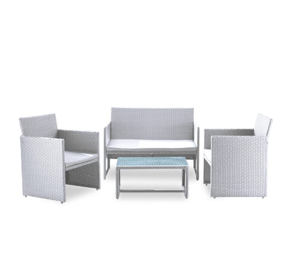 Salotto imbottito divano 2 posti + 2 poltrone e tavolino rettangolare, bianco e grigio chiaro