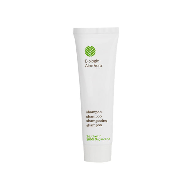 Shampoo 30 ml, Aloe Vera, 100 % Zuckerrohr-Biokunststoff – grünes Blatt